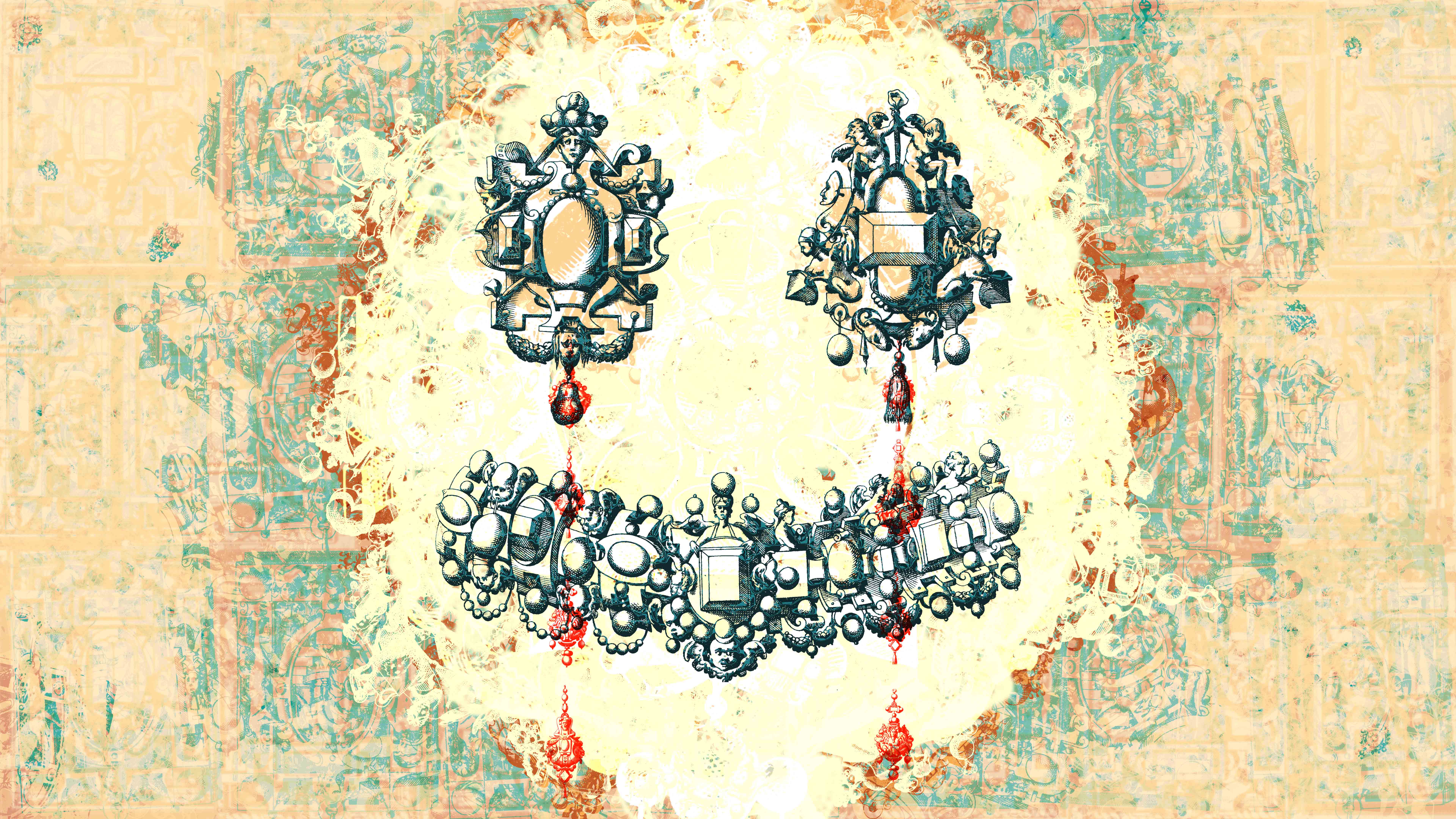 A collection of 16th century jewelry designs arranged to resemble a smiley face weeping blood as a protest of slavery past and present.
