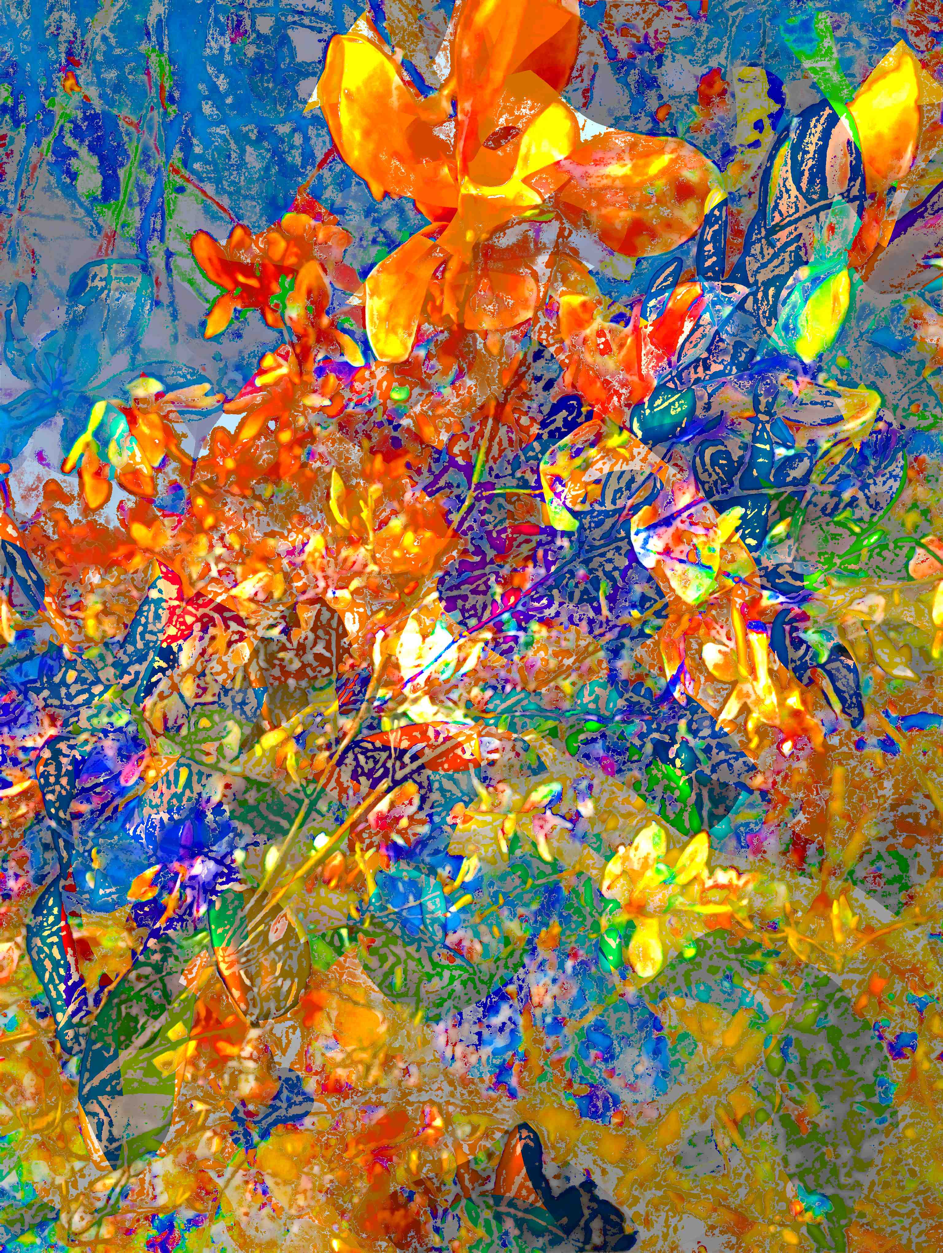 Flowers make their first appearance in a spring garden, patterned and algorithmically re-patterned