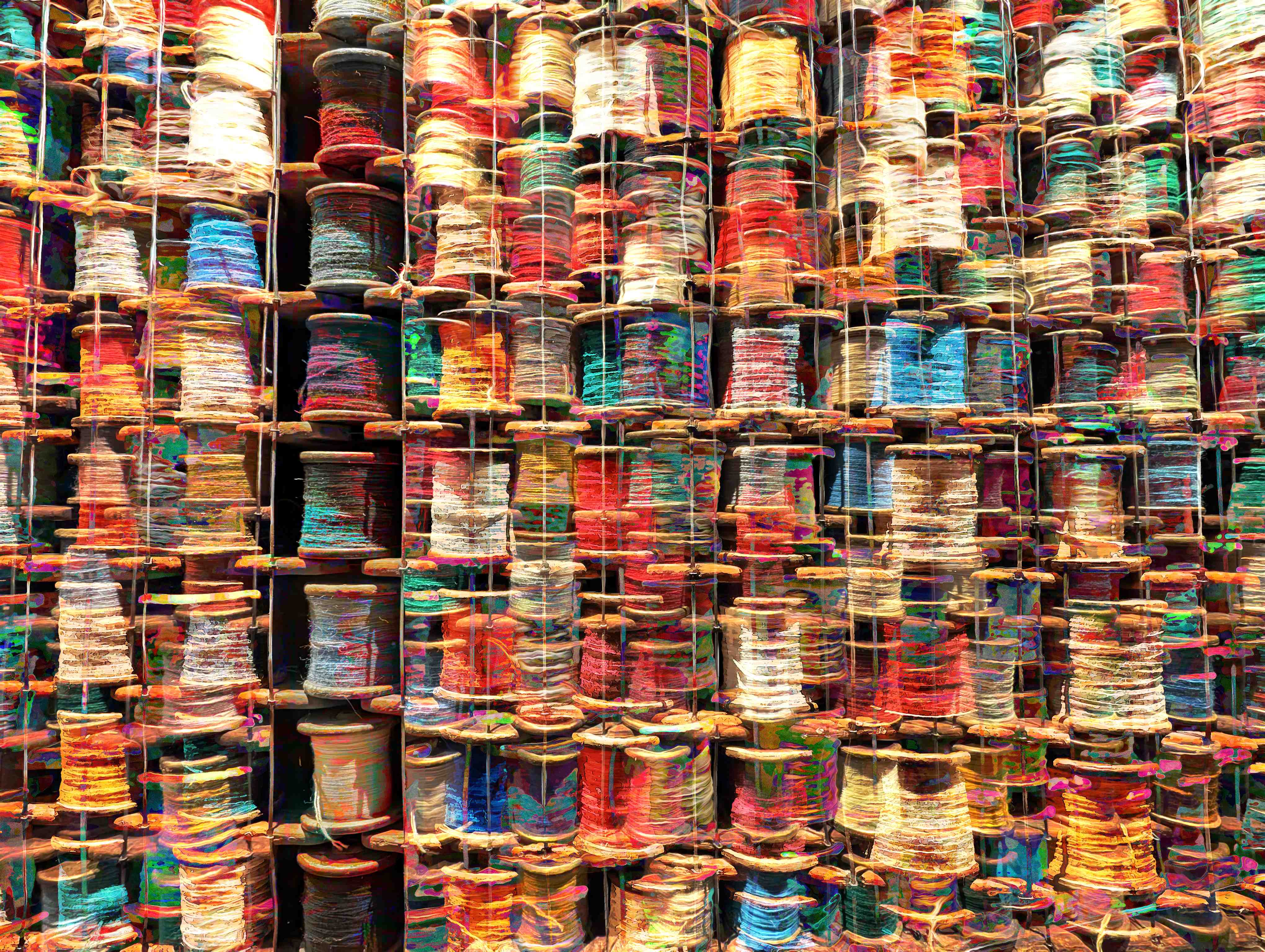 Stacks of colorful twine spools in a Manchester hotel form a grid, layered with vibrant edits