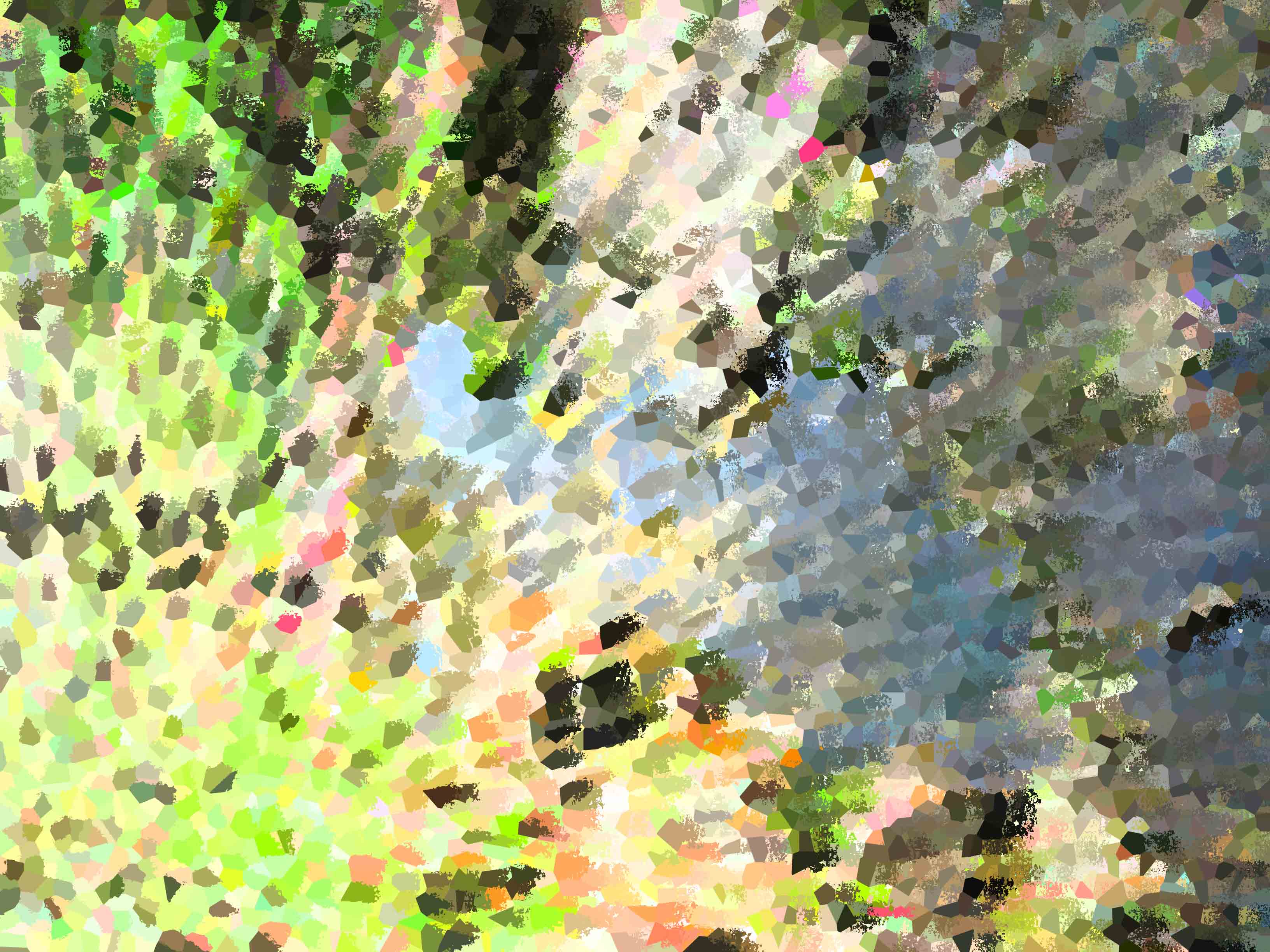 an abstract image meant to evoke a hike in the springtime, grass, water, sun, flowers ... but not really