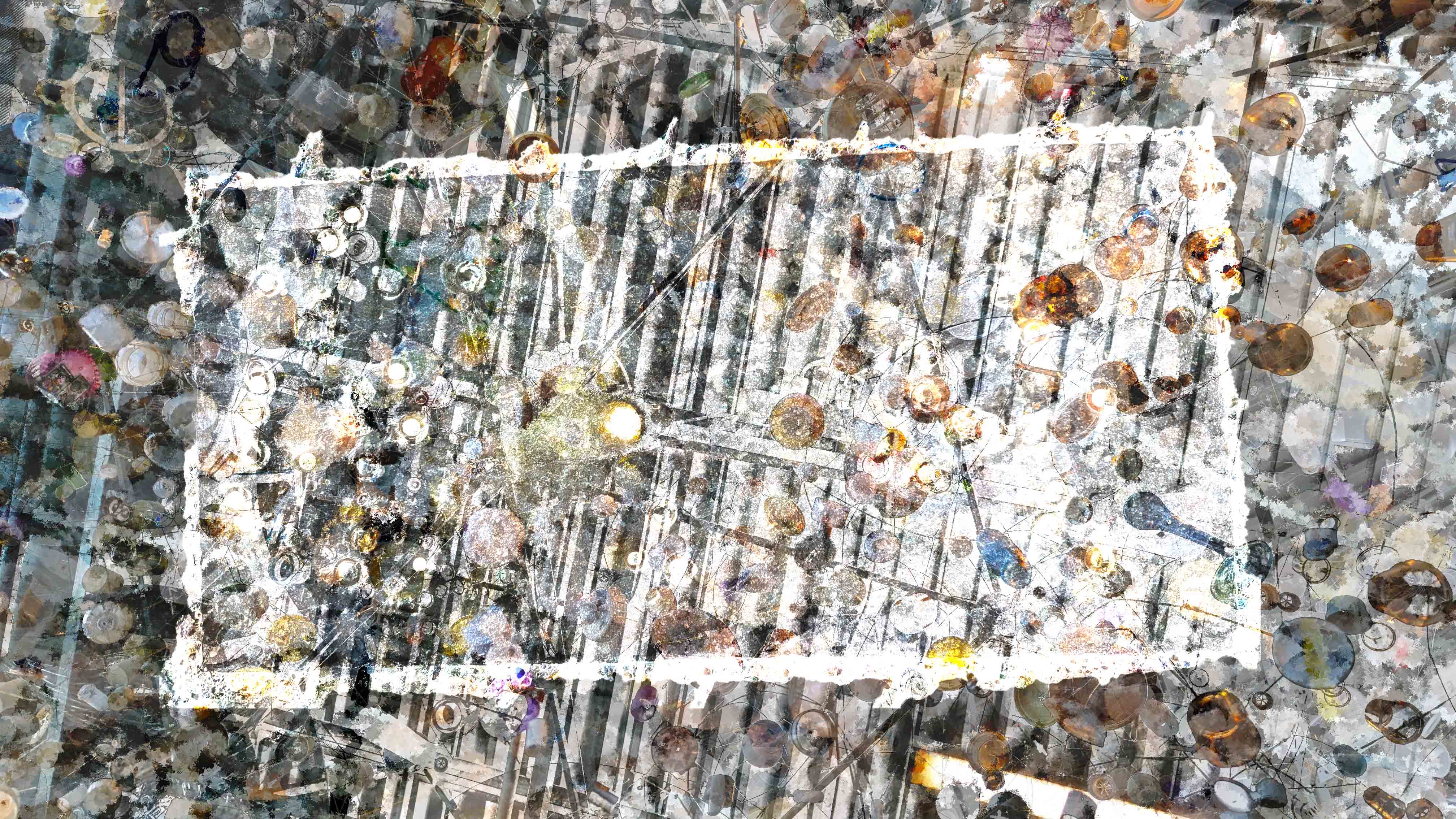 photos of trash suspended in light overlaid with distressed concrete