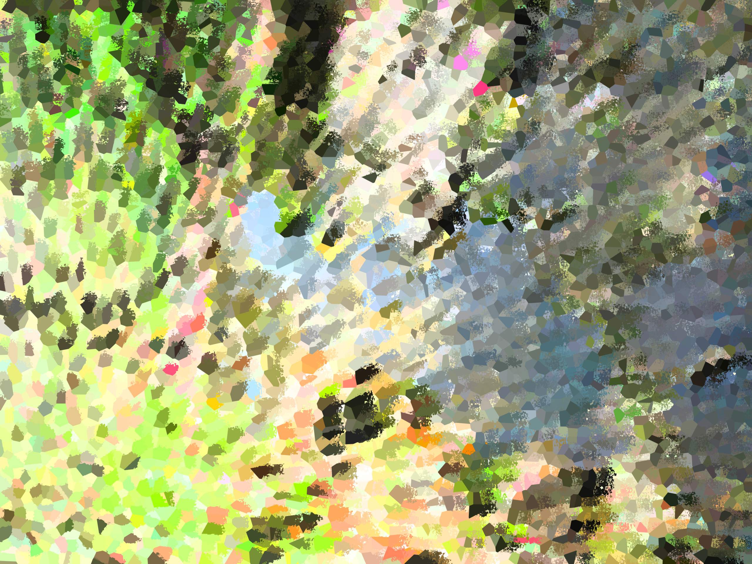 an abstract image meant to evoke a hike in the springtime, grass, water, sun, flowers ... but not really