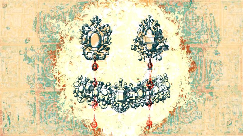 A collection of 16th century jewelry designs arranged to resemble a smiley face weeping blood as a protest of slavery past and present.