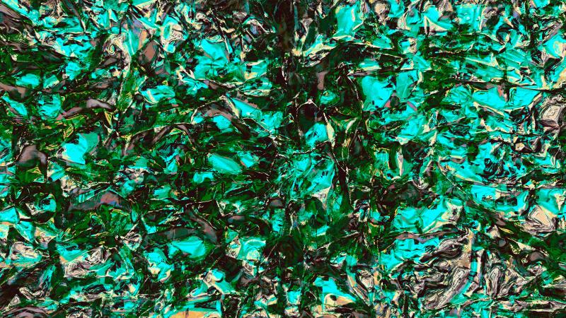 Bacon grease on foil, transformed into rippling lake blues and shadowed green currents.