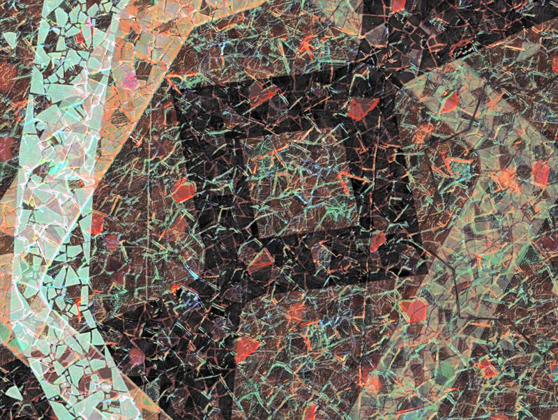 Abstract neon rework of a Peruvian mosaic with terracotta, stone, and fractured geometry
