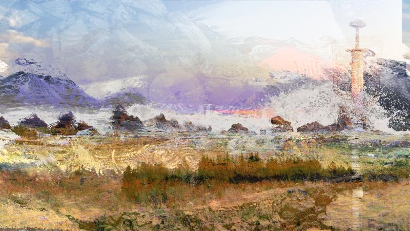 A digital sword looms tall over a landscape while waves crash nearby