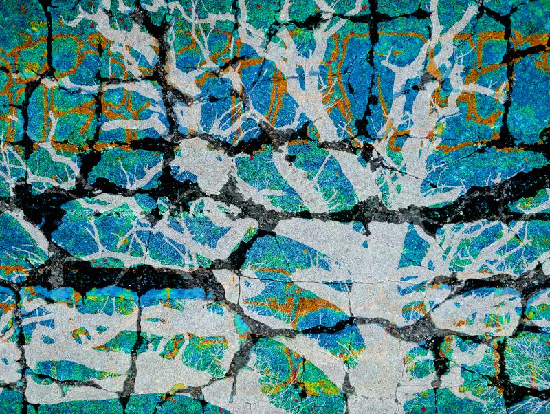 Abstract map-like pattern of cracked pavement filled with vivid blues, greens, and orange
